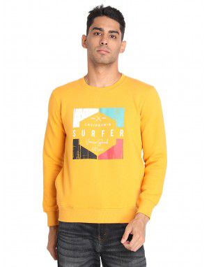 Men Cotton Blend Printed Sweatshirt Mustard